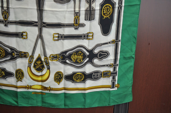 Authentic HERMES Carre 90 Scarf "Harnais des Presidents" Silk Green K7326