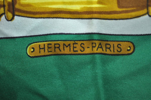 Authentic HERMES Carre 90 Scarf "Harnais des Presidents" Silk Green K7326
