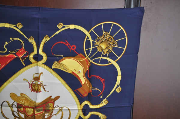Authentic HERMES Carre 90 Scarf "SPRINGS" Silk Navy K7337
