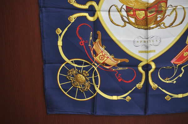 Authentic HERMES Carre 90 Scarf "SPRINGS" Silk Navy K7337