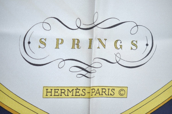 Authentic HERMES Carre 90 Scarf "SPRINGS" Silk Navy K7337