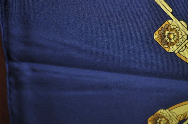 Authentic HERMES Carre 90 Scarf "SPRINGS" Silk Navy K7337