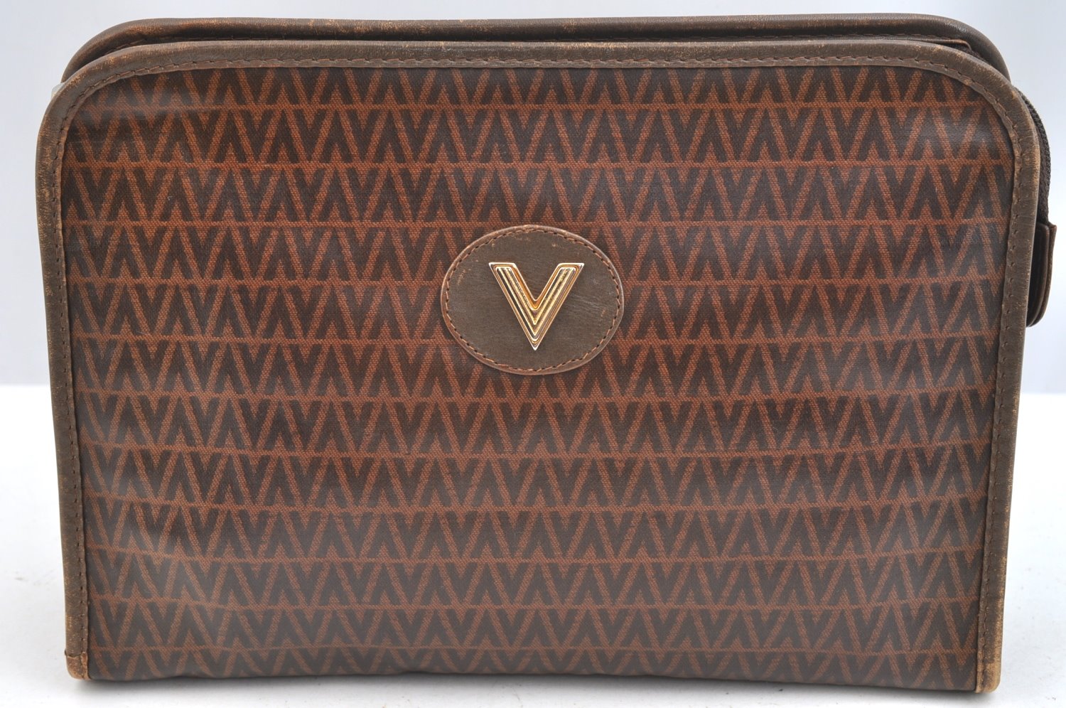 Authentic MARIO VALENTINO V Logo Clutch Hand Bag Purse PVC Leather Brown K7369