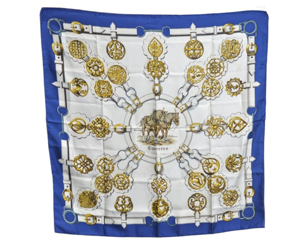 Authentic HERMES Carre 90 Scarf "Cuivreries" Silk Blue K7445