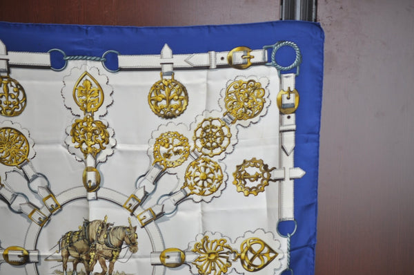 Authentic HERMES Carre 90 Scarf "Cuivreries" Silk Blue K7445