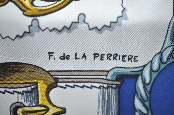 Authentic HERMES Carre 90 Scarf "Cuivreries" Silk Blue K7445