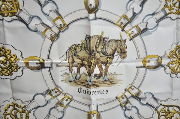 Authentic HERMES Carre 90 Scarf "Cuivreries" Silk Blue K7445