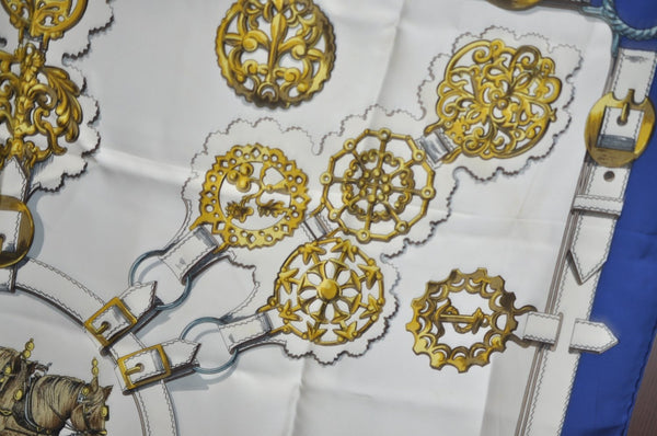 Authentic HERMES Carre 90 Scarf "Cuivreries" Silk Blue K7445