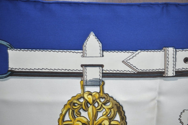 Authentic HERMES Carre 90 Scarf "Cuivreries" Silk Blue K7445