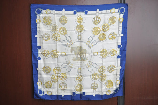 Authentic HERMES Carre 90 Scarf "Cuivreries" Silk Blue K7445