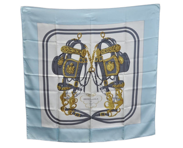 Authentic HERMES Carre 90 Scarf "BRIDES de GALA par" Silk Light Blue K7447