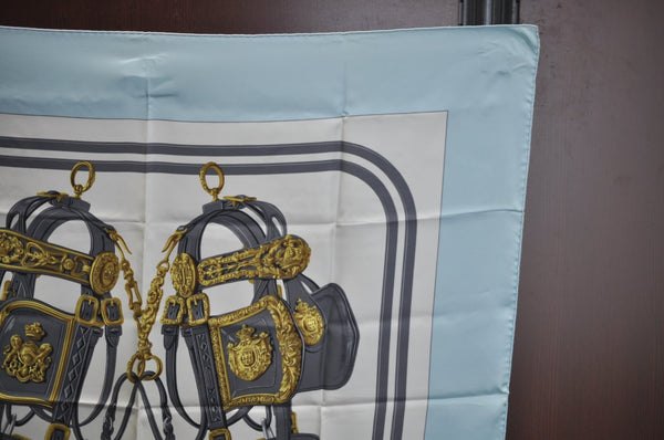 Authentic HERMES Carre 90 Scarf "BRIDES de GALA par" Silk Light Blue K7447
