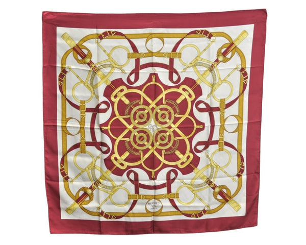 Authentic HERMES Carre 90 Scarf "Eperon d' or" Silk Bordeaux Red K7450