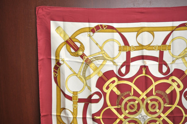 Authentic HERMES Carre 90 Scarf "Eperon d' or" Silk Bordeaux Red K7450