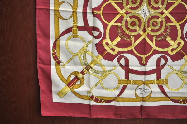 Authentic HERMES Carre 90 Scarf "Eperon d' or" Silk Bordeaux Red K7450