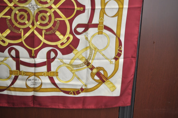 Authentic HERMES Carre 90 Scarf "Eperon d' or" Silk Bordeaux Red K7450