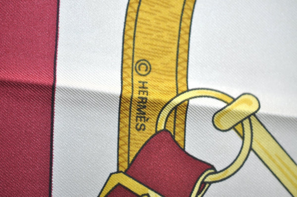 Authentic HERMES Carre 90 Scarf "Eperon d' or" Silk Bordeaux Red K7450