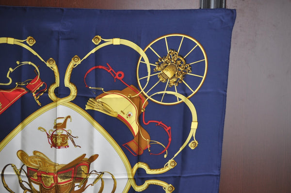 Authentic HERMES Carre 90 Scarf "SPRINGS" Silk Navy K7451