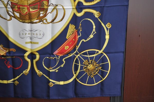 Authentic HERMES Carre 90 Scarf "SPRINGS" Silk Navy K7451
