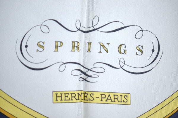 Authentic HERMES Carre 90 Scarf "SPRINGS" Silk Navy K7451