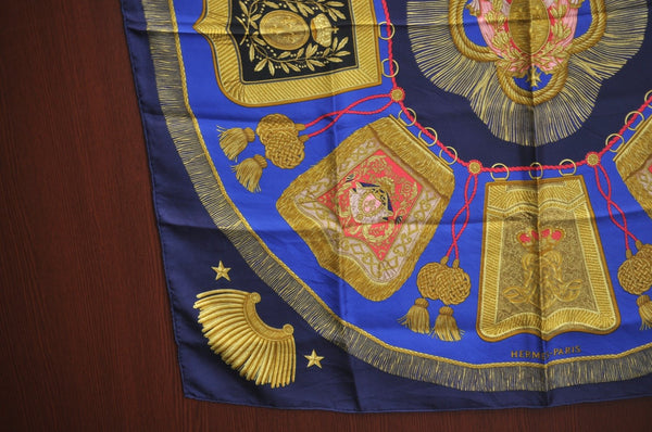 Authentic HERMES Carre 90 Scarf "Poste et Cavalerie" Silk Navy K7452