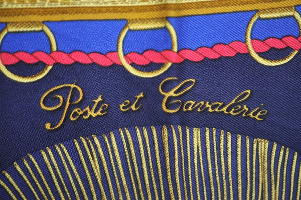Authentic HERMES Carre 90 Scarf "Poste et Cavalerie" Silk Navy K7452
