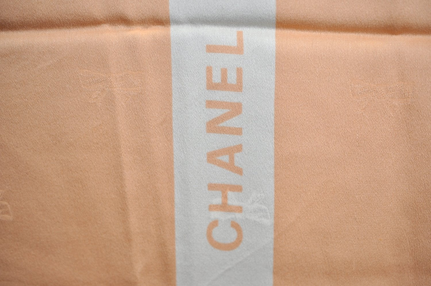 Authentic CHANEL Vintage Scarf Ribbon Motif CC Logo Silk Light Gray White K7461