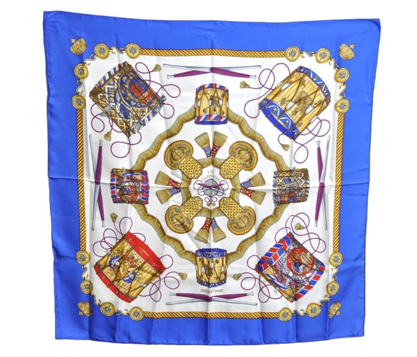 Authentic HERMES Carre 90 Scarf "LES TAMBOURS" Silk Blue K7495