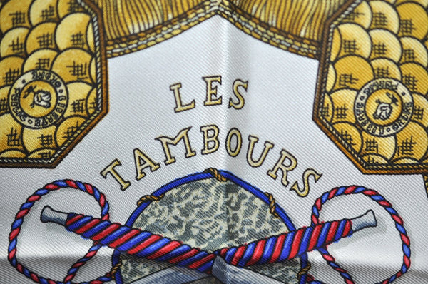 Authentic HERMES Carre 90 Scarf "LES TAMBOURS" Silk Blue K7495