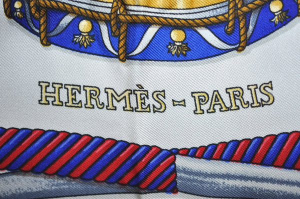 Authentic HERMES Carre 90 Scarf "LES TAMBOURS" Silk Blue K7495