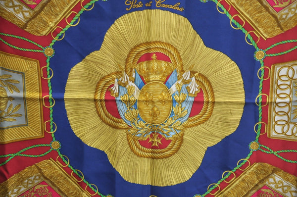 Authentic HERMES Carre 90 Scarf "Poste et Cavalerie" Silk Blue K7499