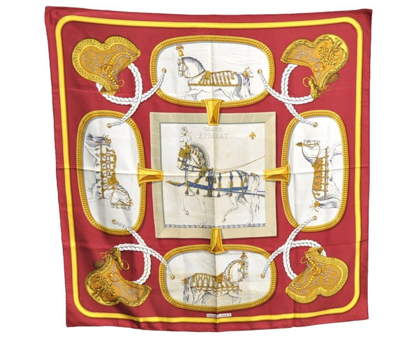 Authentic HERMES Carre 90 Scarf "GRAND APPARAT" Silk Red K7501