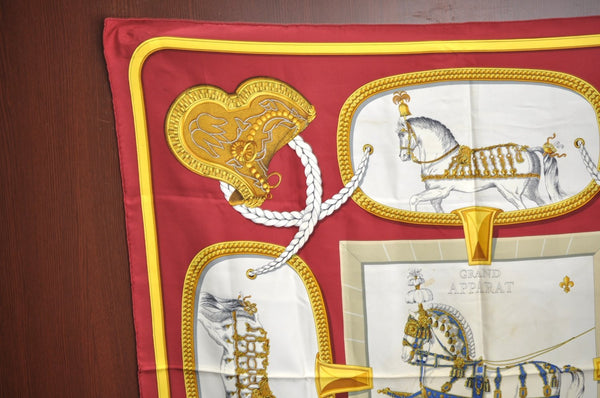 Authentic HERMES Carre 90 Scarf "GRAND APPARAT" Silk Red K7501