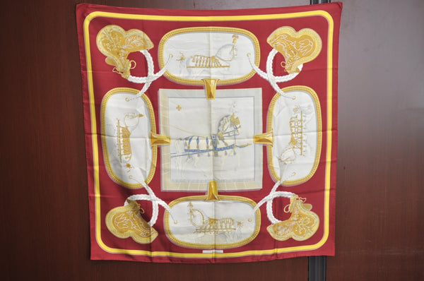 Authentic HERMES Carre 90 Scarf "GRAND APPARAT" Silk Red K7501