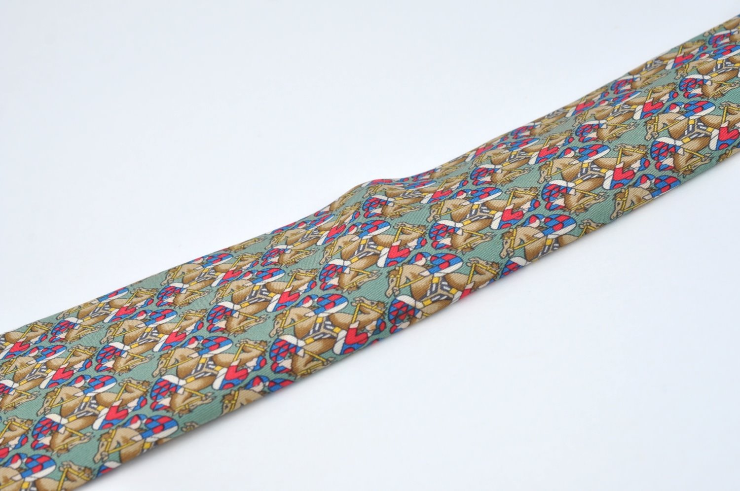 Auth HERMES Vintage Tie Necktie Horse Racing Pattern 7661TA Silk Green K7516