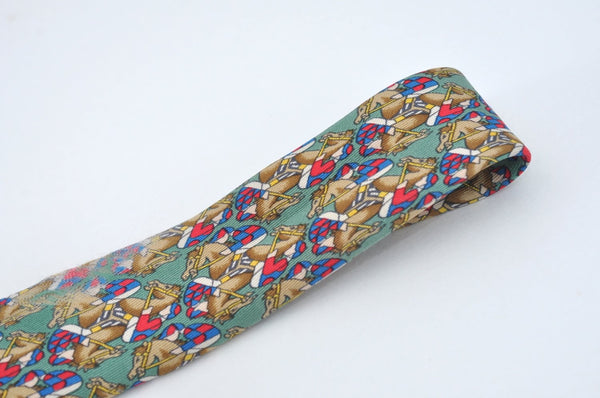 Auth HERMES Vintage Tie Necktie Horse Racing Pattern 7661TA Silk Green K7516