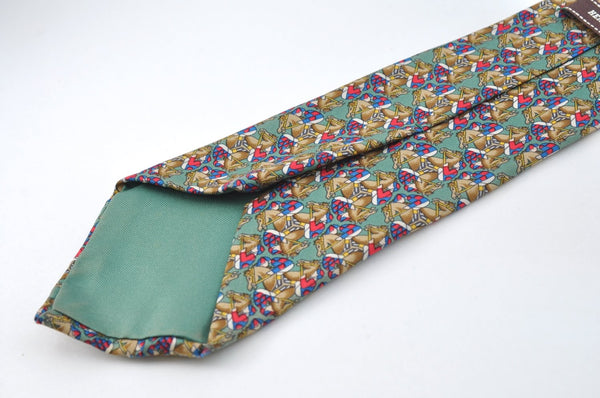 Auth HERMES Vintage Tie Necktie Horse Racing Pattern 7661TA Silk Green K7516