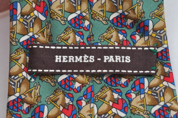 Auth HERMES Vintage Tie Necktie Horse Racing Pattern 7661TA Silk Green K7516