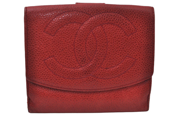 Authentic CHANEL Caviar Skin CC Logo Bifold Wallet Purse Red K7544