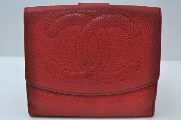 Authentic CHANEL Caviar Skin CC Logo Bifold Wallet Purse Red K7544