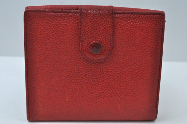 Authentic CHANEL Caviar Skin CC Logo Bifold Wallet Purse Red K7544