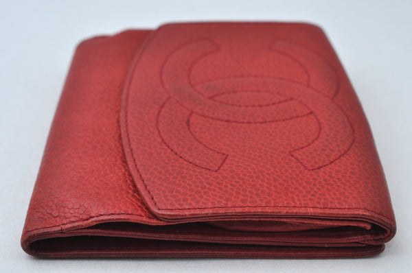 Authentic CHANEL Caviar Skin CC Logo Bifold Wallet Purse Red K7544