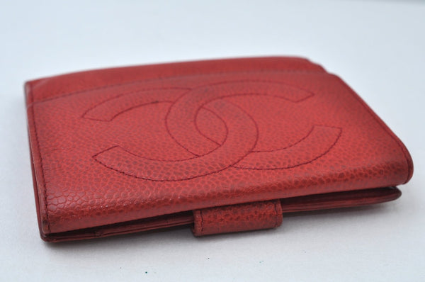 Authentic CHANEL Caviar Skin CC Logo Bifold Wallet Purse Red K7544