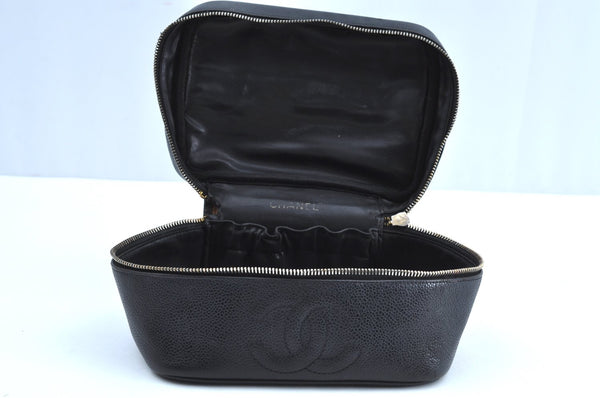 Authentic CHANEL Caviar Skin Vanity Cosmetic Hand Bag Purse Black CC Junk K7564