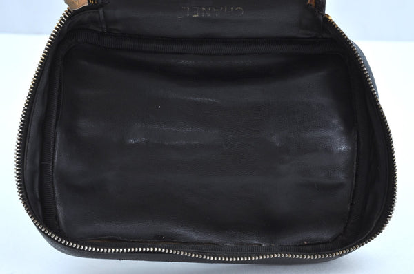 Authentic CHANEL Caviar Skin Vanity Cosmetic Hand Bag Purse Black CC Junk K7564