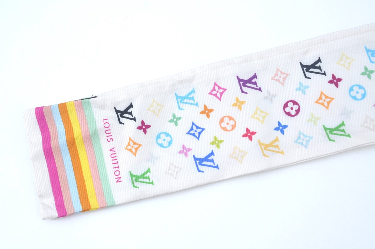 Authentic Louis Vuitton Monogram Multicolor Bandeau Scarf White M71991 LV K7568