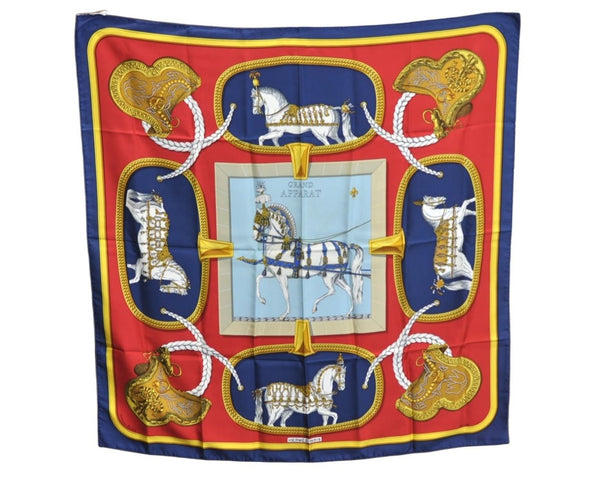 Authentic HERMES Carre 90 Scarf "GRAND APPARAT" Silk Navy K7573