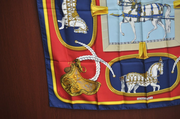 Authentic HERMES Carre 90 Scarf "GRAND APPARAT" Silk Navy K7573
