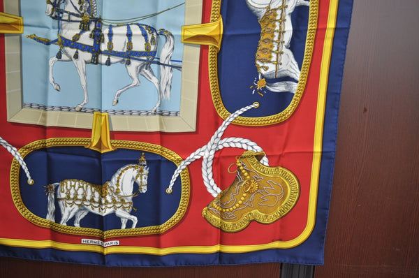 Authentic HERMES Carre 90 Scarf "GRAND APPARAT" Silk Navy K7573