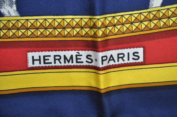 Authentic HERMES Carre 90 Scarf "GRAND APPARAT" Silk Navy K7573